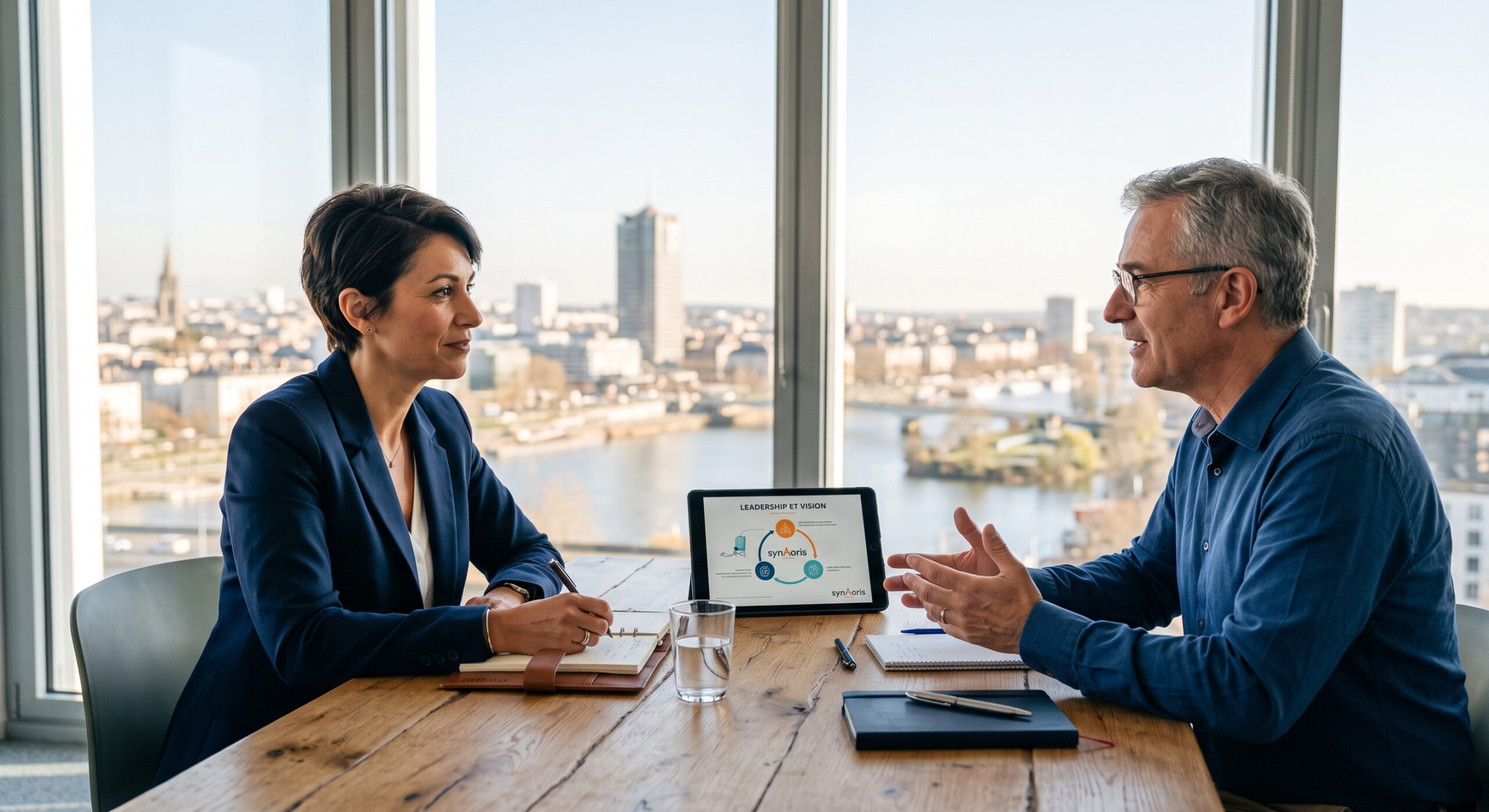 Séance de coaching professionnel individuel entre un coach synAoris et une dirigeante dans un bureau à Nantes avec vue sur la Loire.