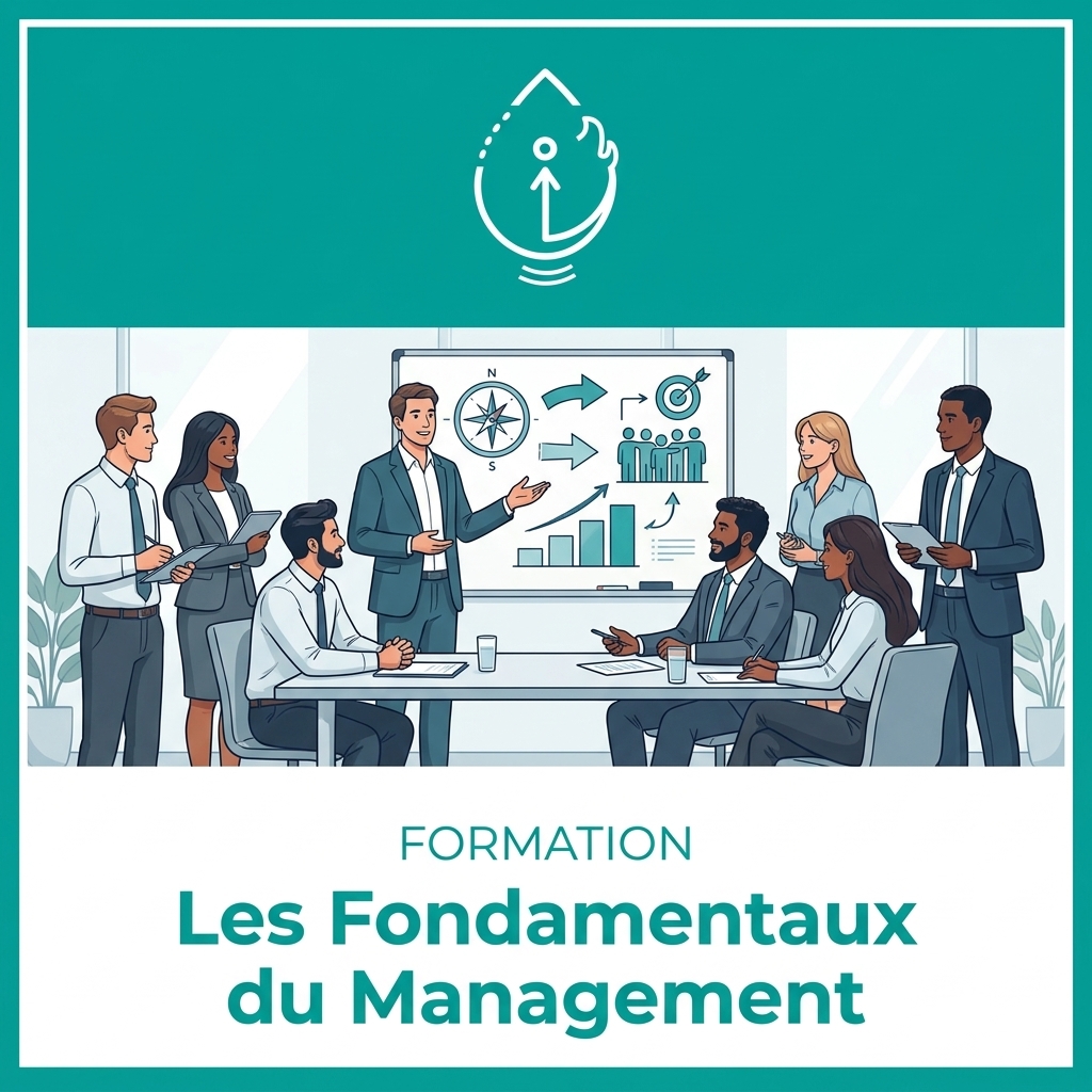Visuel carré de la formation aux fondamentaux du management par le cabinet synAoris, illustrant un manager animant une réunion stratégique.