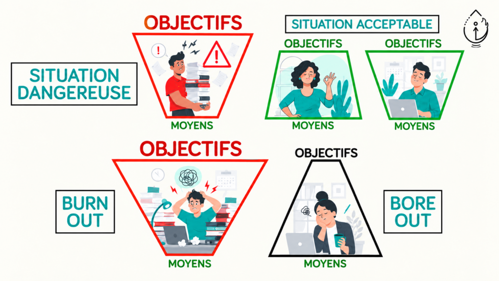 Schéma comparant objectifs et moyens au travail : situation dangereuse, situation acceptable, surcharge associée au burn-out et sous-charge associée au bore-out.